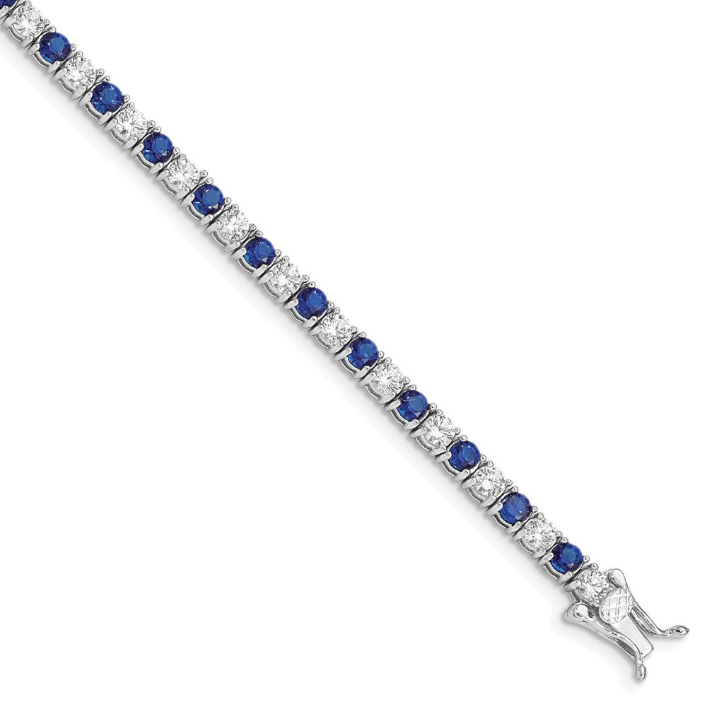 Sterling Silver Rhodium-plated Blue Glass and CZ 7 inch Bracelet 7 inches