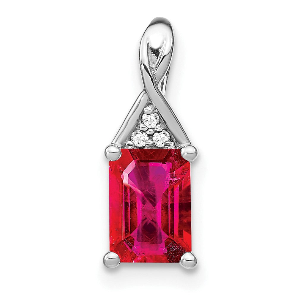 14k White Gold Emerald-shape Ruby and Diamond Pendant
