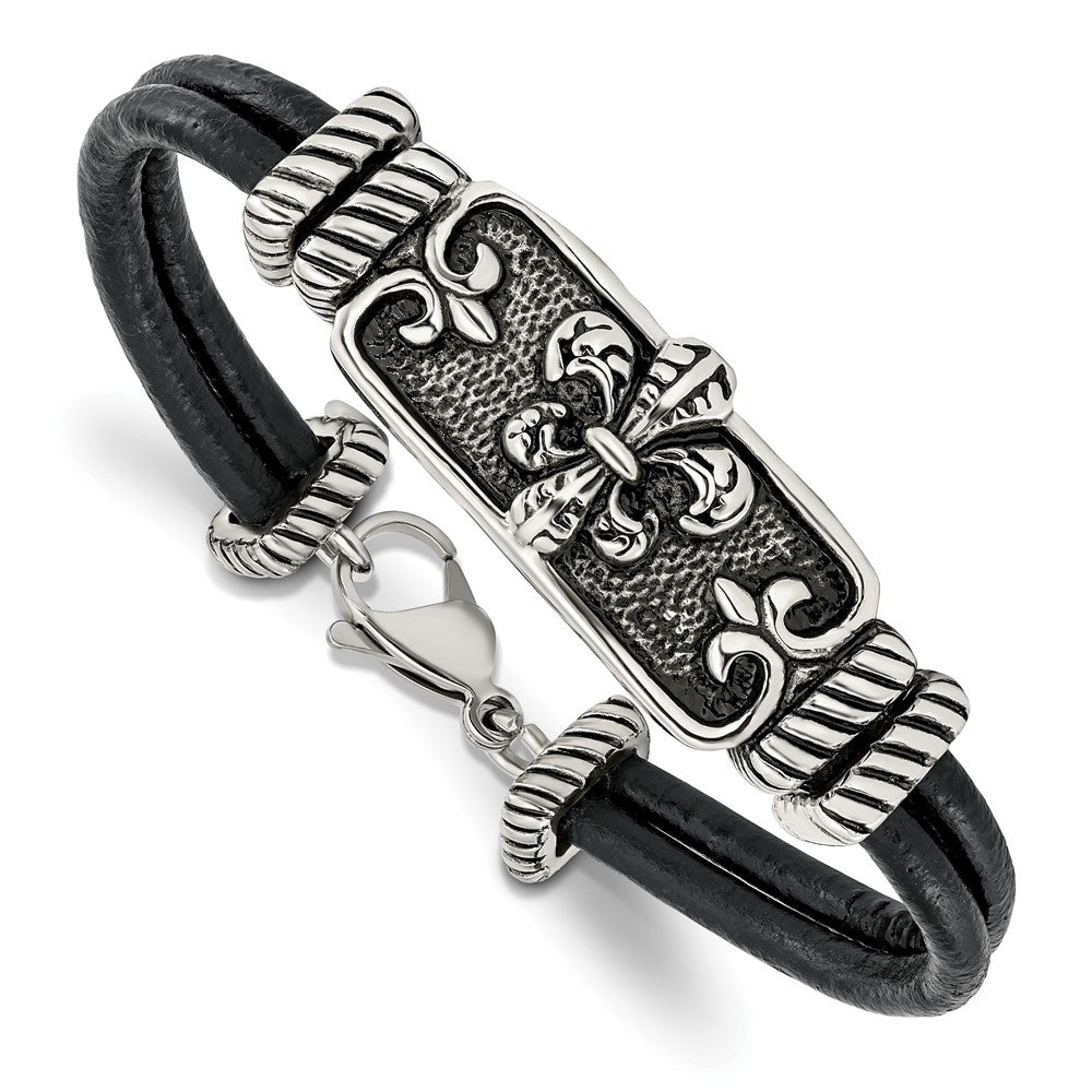 Stainless Steel Antiqued & Polished Fleur De Lis Black Leather Bracelet 8.5 inches