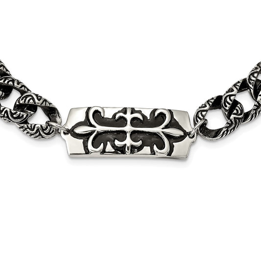 Stainless Steel Antiqued and Polished Fleur de Lis 24in Necklace