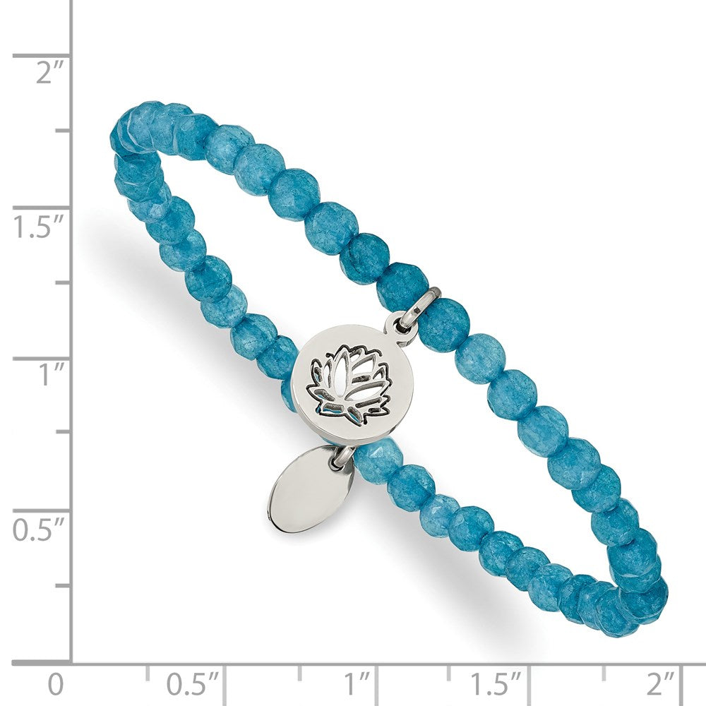 Stainless Steel Polished Lotus Blue Jade Beaded Stretch Bracelet 6.5 inches