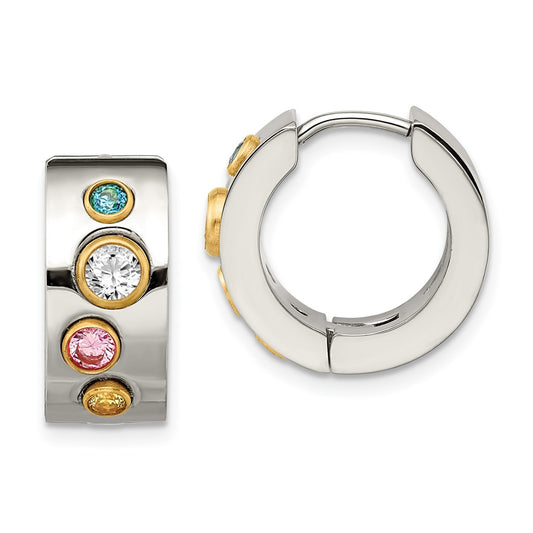 Stainless Steel Polished Yellow IP Multicolor CZ 7mm Hinged Hoop Earrings