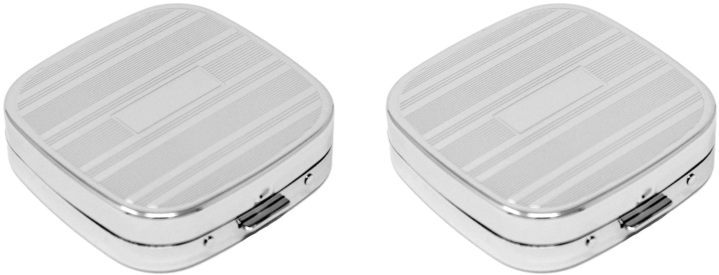 Set of 2 Square-Shaped Pocket Purse Pill Box With Mirror (Silver Etched Lines - Engraveable)