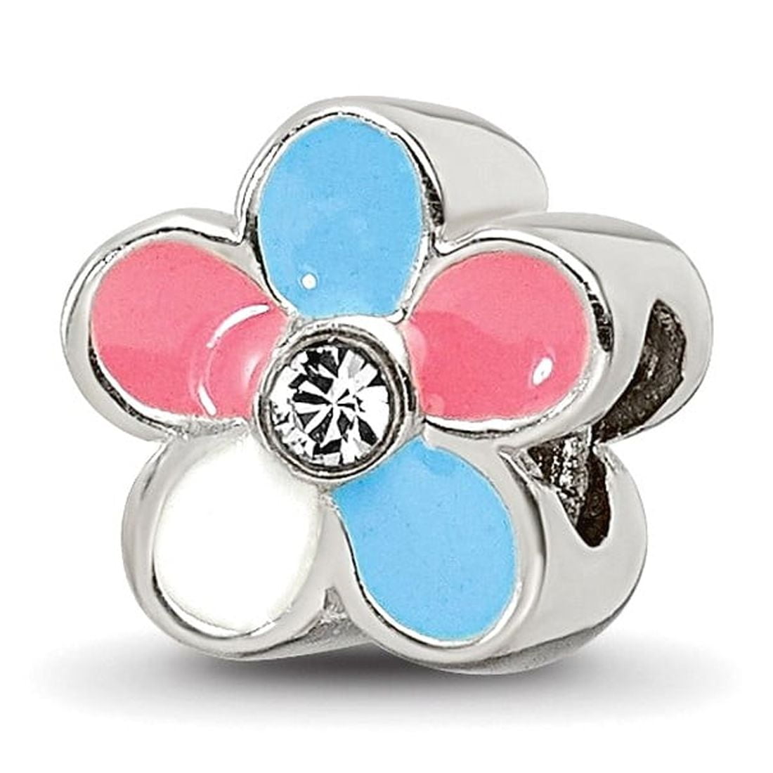 925 Sterling Silver Polished Pink Enamel White-Enamel Artisan Oxidized Reflections Enameled Flower Bead Charm 7.27x7.27m