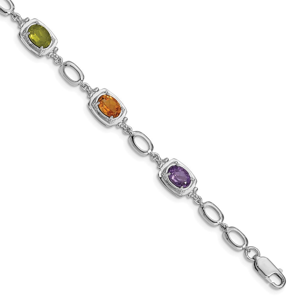 Sterling Silver Rhodium-plated Multi Gemstone Link Bracelet 7.5 inches