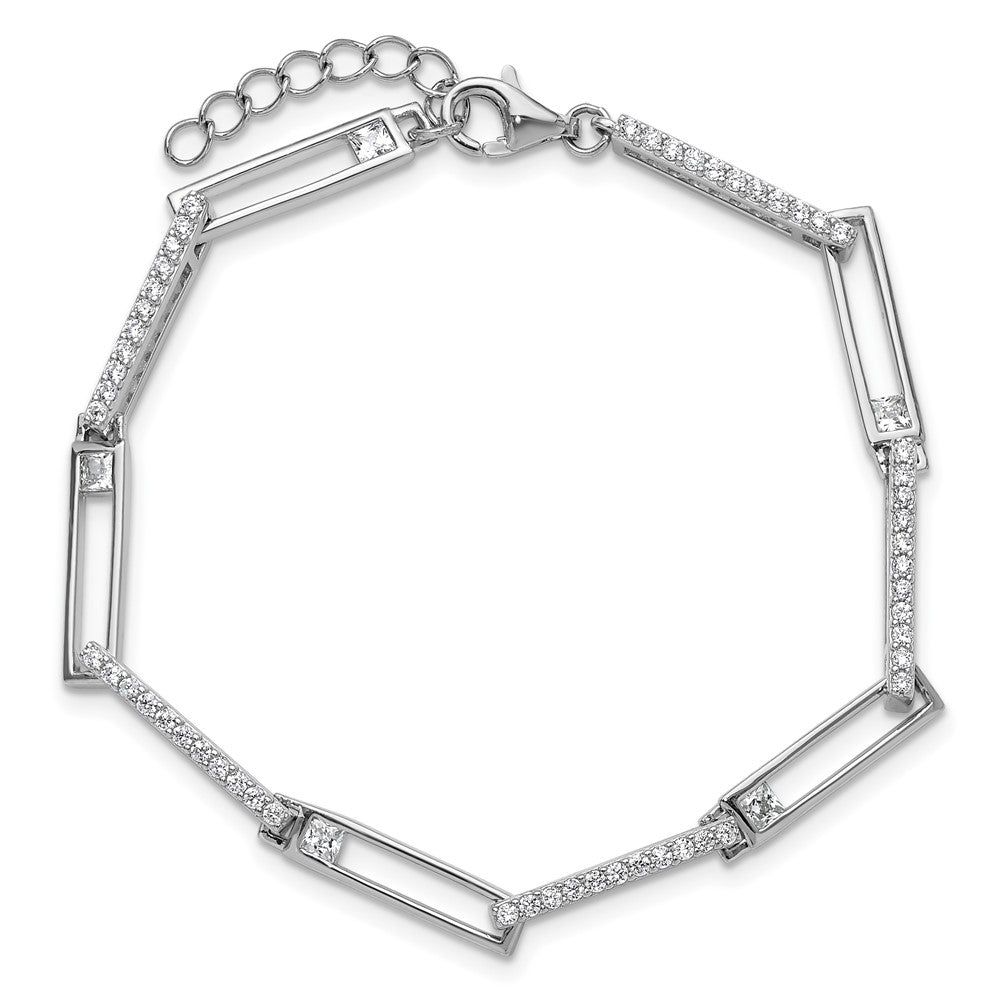Cheryl M Sterling Silver Rhodium-plated Polished CZ Rectangular Link with 1 Inch Extension Bracelet