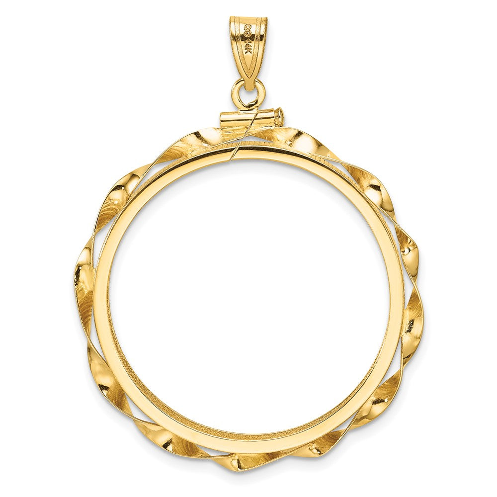 Wideband Distinguished Coin Jewelry 14k Polished Hand Twisted Ribbon and Diamond-cut 30.0mm x 3.00mm Screw Top Coin Bezel Pendant