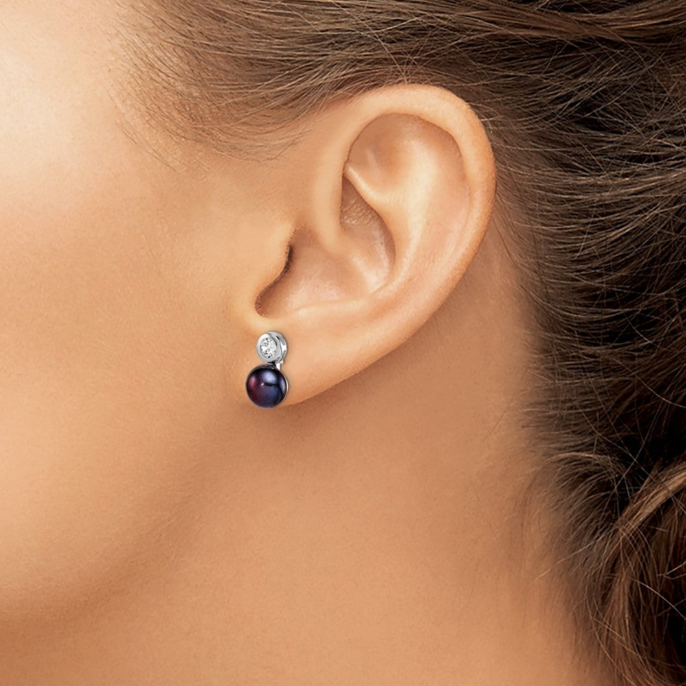 Sterling Silver Rhodium-plated 7-8mm Black Button Freshwater Cultured Pearl and CZ Post Earrings