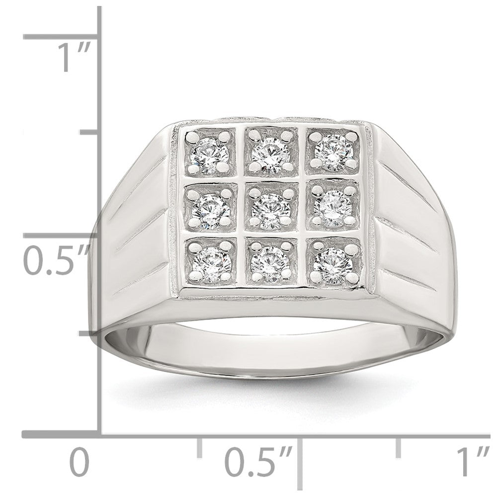 Sterling Silver Polished and Grooved White CZ Square Size 11 Mens Ring