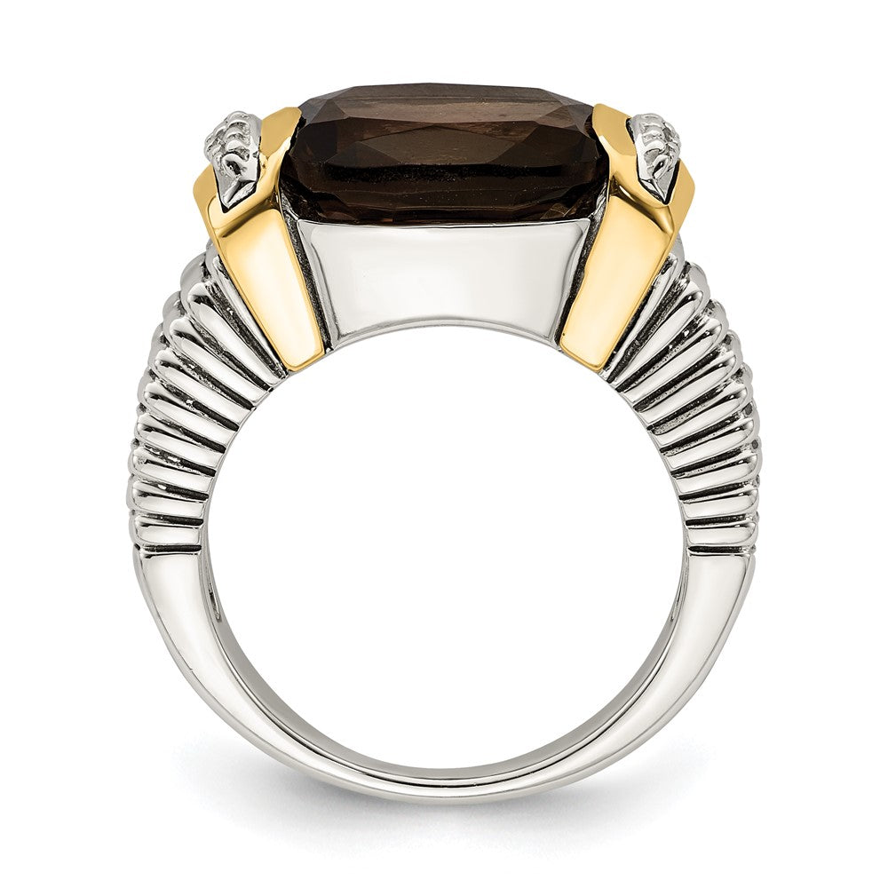 Shey Couture Sterling Silver with 14K Accent Antiqued Cushion Checkerboard Smoky Quartz and Diamond Ring