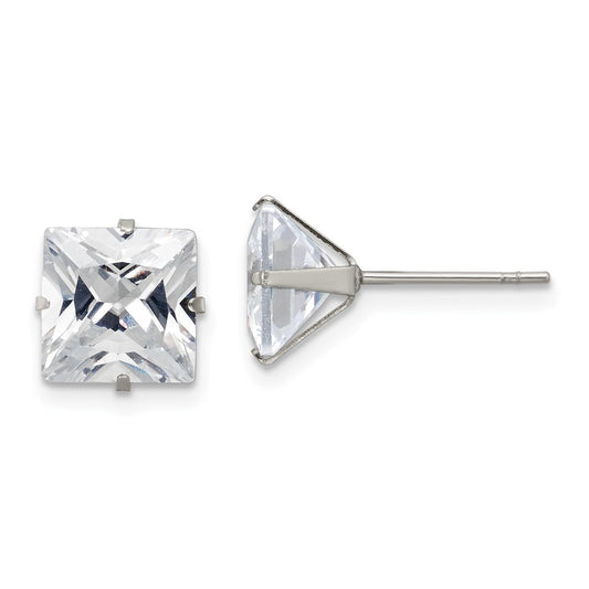 Stainless Steel Polished 8mm Square CZ Stud Post Earrings