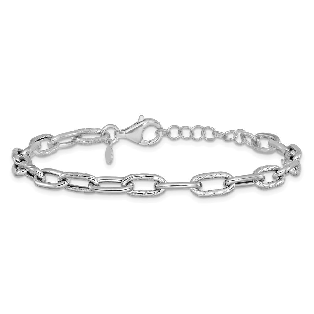 Sterling Silver RH-pl Polish/Texture Link w/1in ext. Bracelet 8  inches