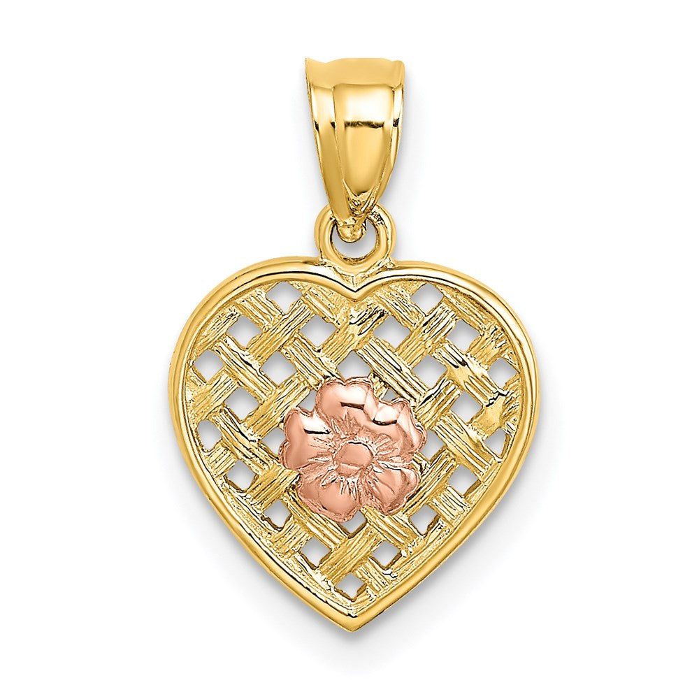 14k Two Tone Flower On Woven Heart Charm