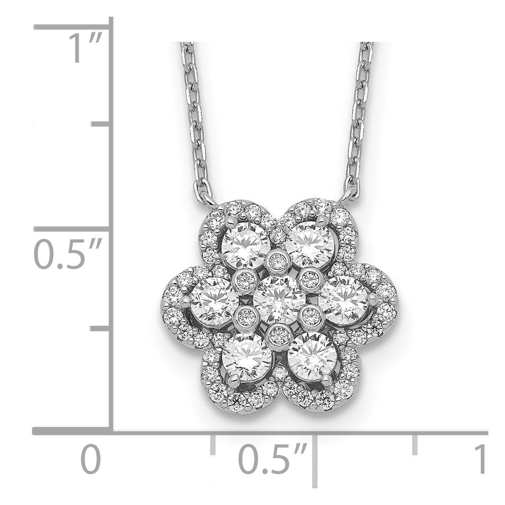 Sterling Shimmer Sterling Silver Rhodium-plated 15.75 inch 55 Stone Flower CZ Necklace with 2 inch extender 15.75 Inches
