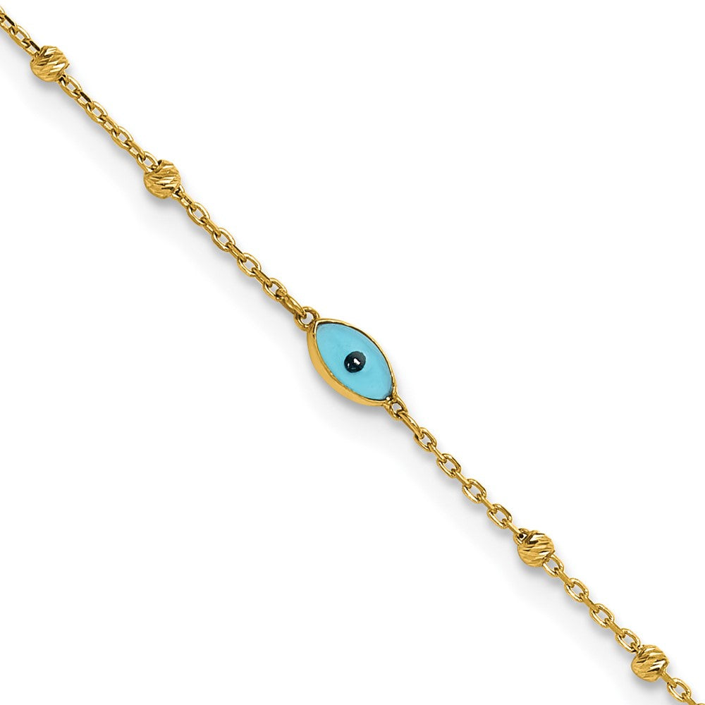 14k Diamond-cut Bead Stations Blue Glass Evil Eye 9 inch with 1 inch Extender Anklet