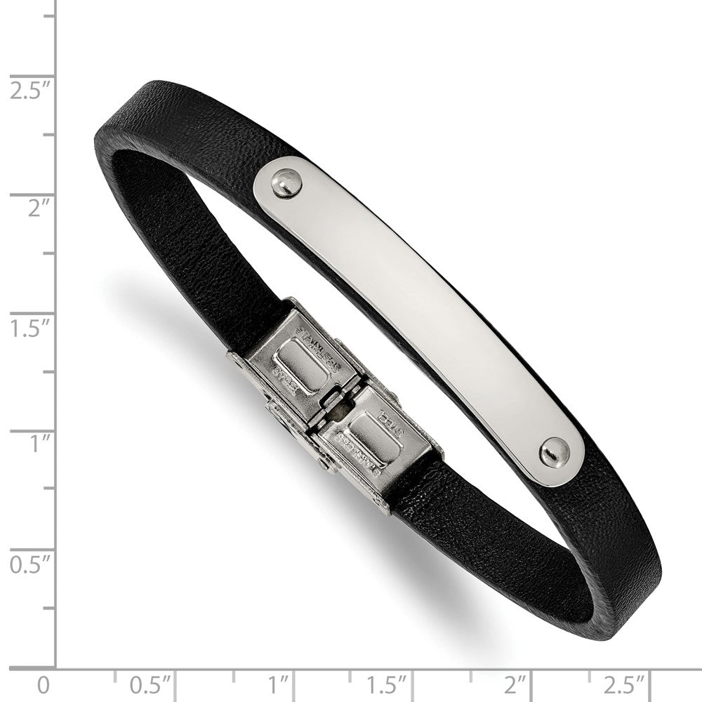 Stainless Steel Polished Leather 8.5in ID Bracelet 8.5 inches