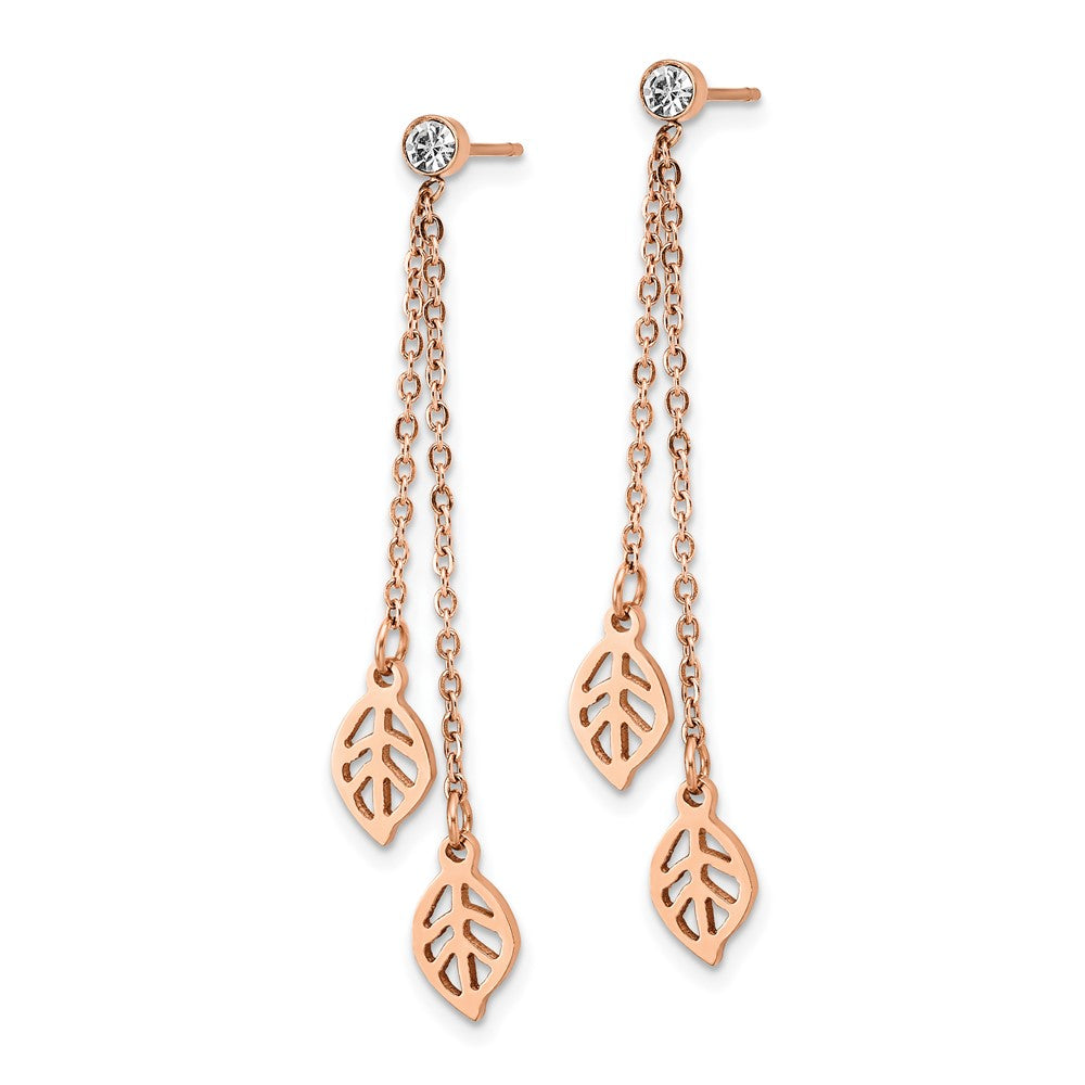 Stainless Steel Polished Rose IP-plated with CZ Leaf Post Dangle Earrings