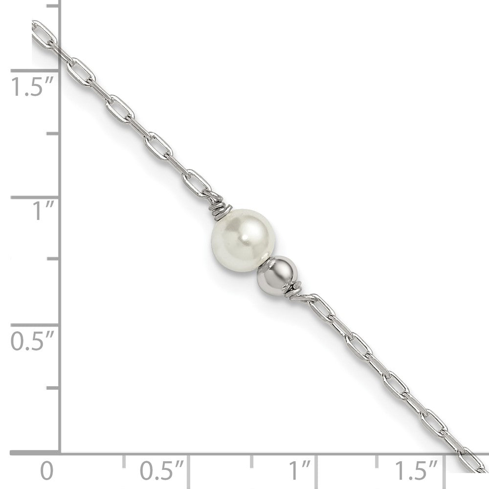 Sterling Silver Polished Bead and Glass Pearl 9 inch with 1 inch Extension Anklet