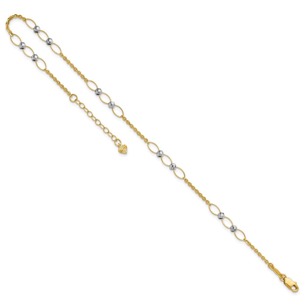 14k Two-tone Polished Oval Links and Faceted Beads 9 inch Plus 1 inch Extension Anklet