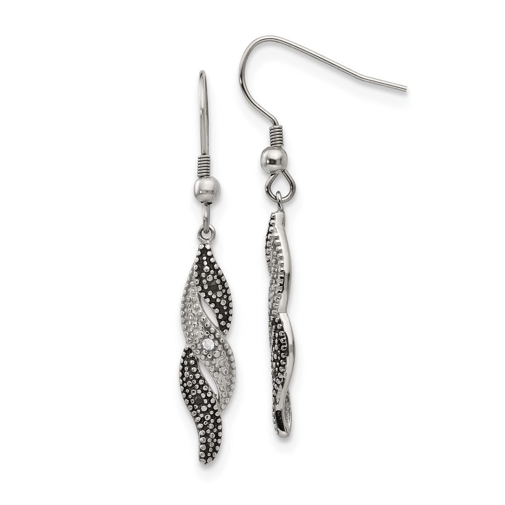 Stainless Steel Antiqued and Polished CZ Dangle Shepherd Hook Earrings