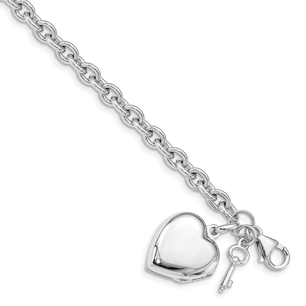 Sterling Silver Rhodium-plated Puffed Heart Locket & Key Bracelet 7.25 inches