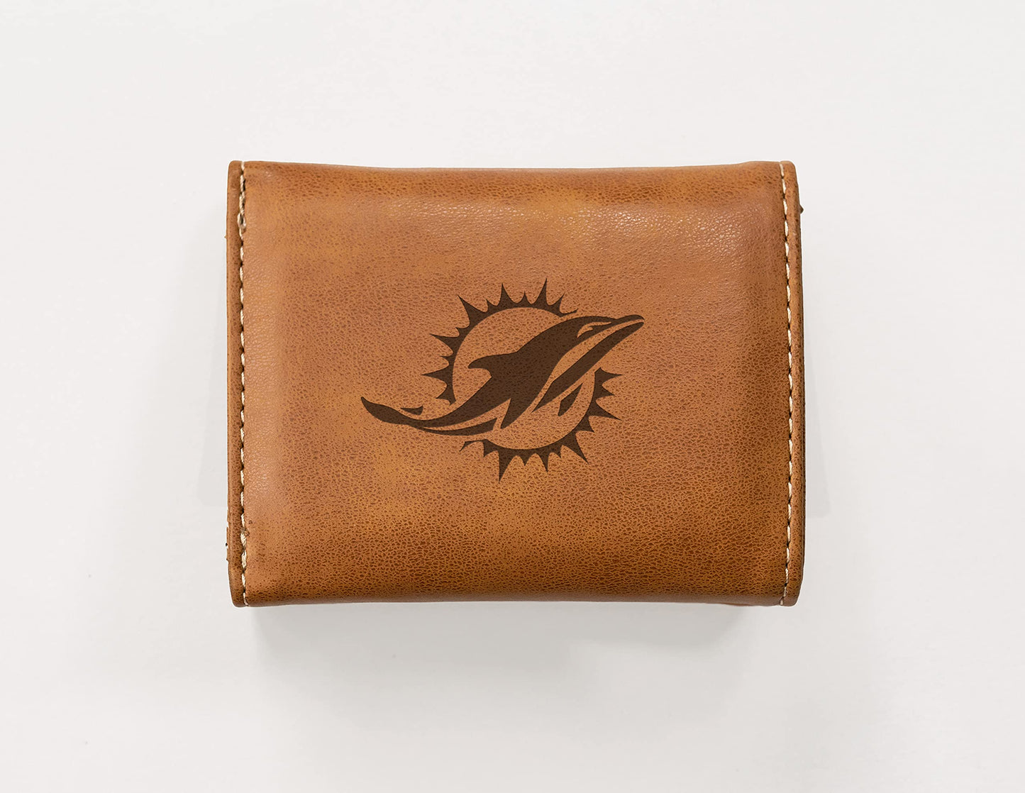 Miami Dolphins Brown Laser Engraved Tri-Fold Wallet - Men's Accessory