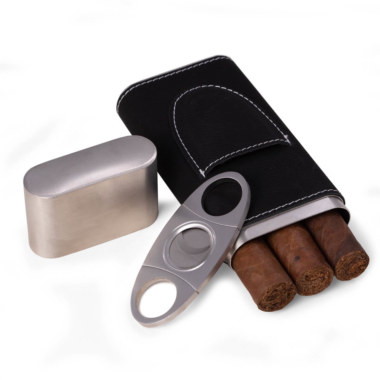 Bey Berk Black Leather 3 Cigar Case With Cigar Cutter