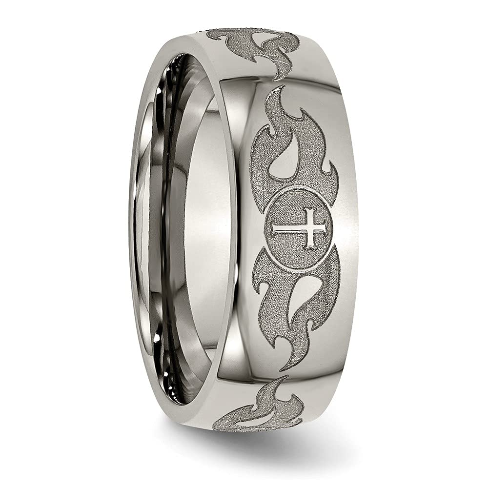 Titanium Polished Cross w/Flames Laser Design 8mm Band Size - 7