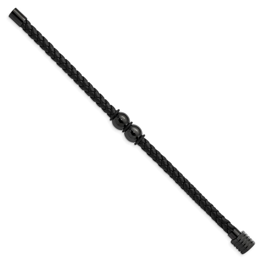 Stainless Steel Polished Black IP Black Rubber and Leather 8.25in Bracelet 8.25 inches