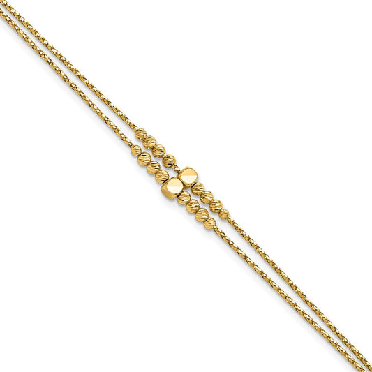 14K Polished D/C Beaded 2-strand w/ 1in ext Bracelet 8  inches