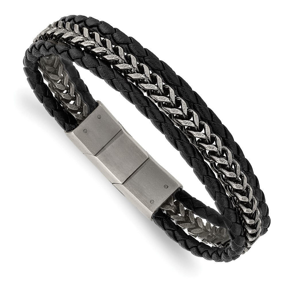 Stainless Steel Antiqued & Brushed Blk Leather 8.25in w/.5in ext Bracelet 8.25 inches