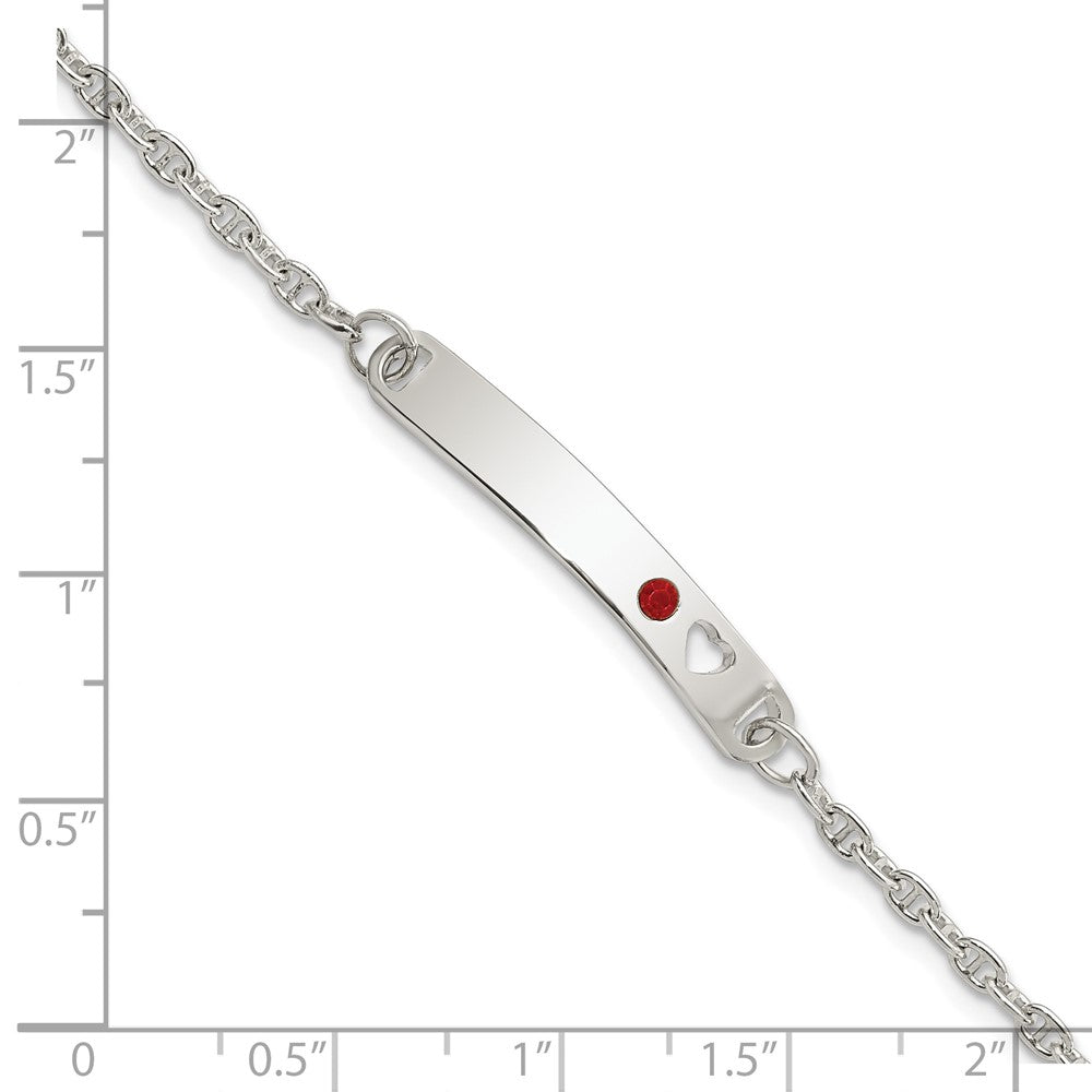 Sterling Silver Polished Childrens ID with Red CZ Heart Bracelet 5.5 inches