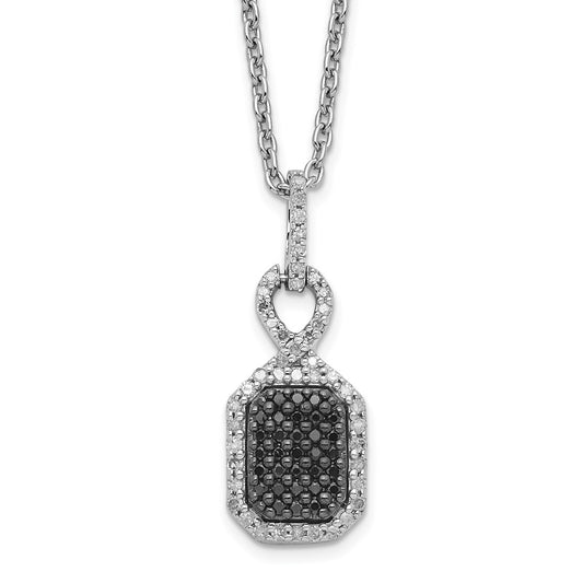 White Night Sterling Silver Rhodium-plated Black and White Diamond Rectangle Pendant 18 Inch Necklace with 2 Inch Extender 18 Inches