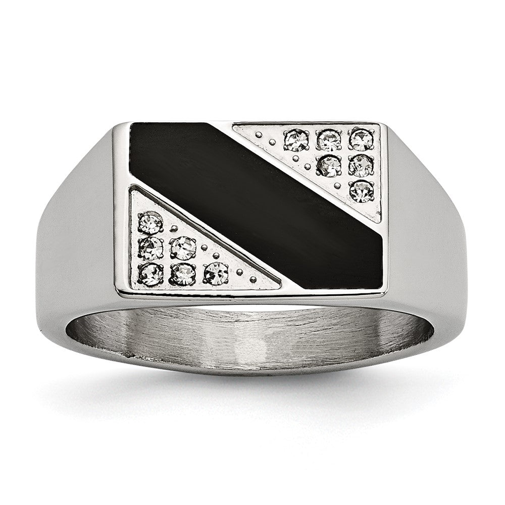 Stainless Steel Polished Black Enameled CZ Signet Ring Size - 9