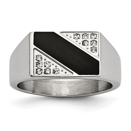 Stainless Steel Polished Black Enameled CZ Signet Ring Size - 9