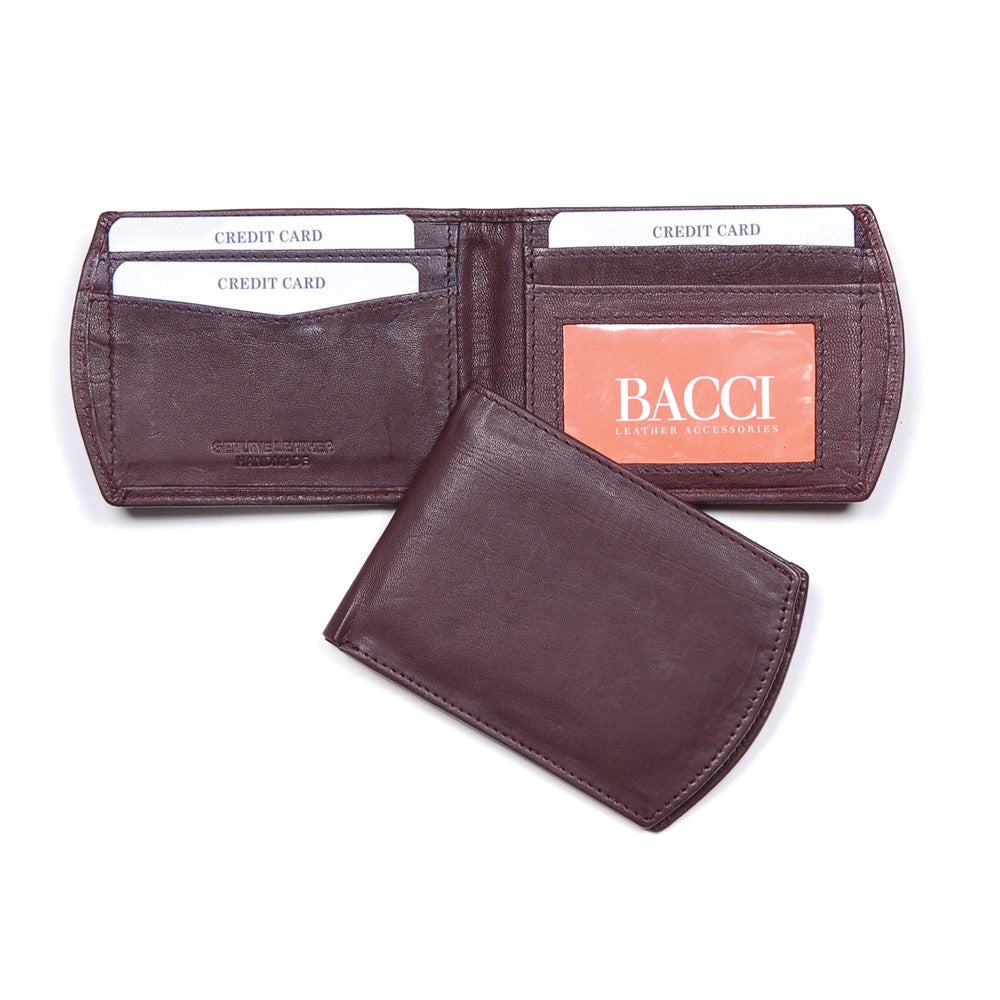 Brown Goatskin Leather Super Slim Bi-fold 3-Slot Wallet with ID Window