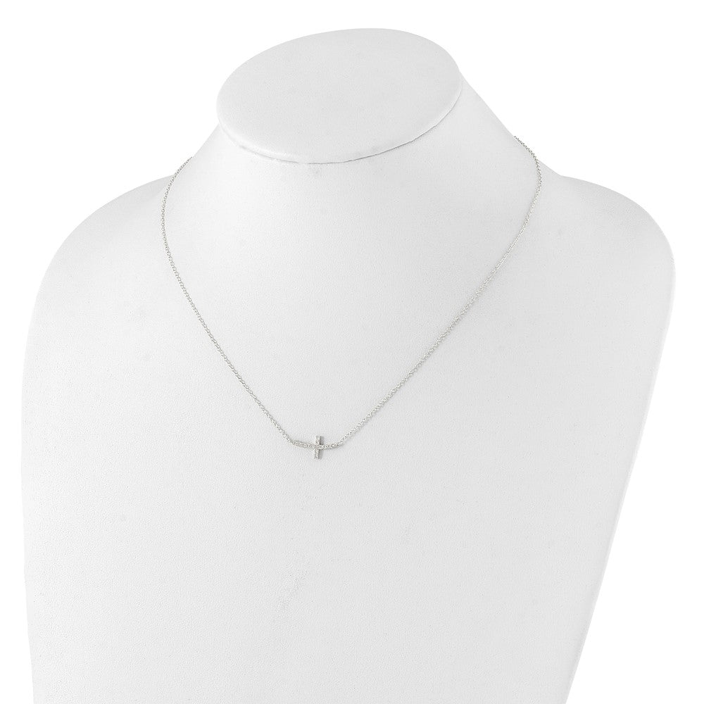 Sterling Silver Rhodium-plated CZ Sideways Cross w/2in Ext Necklace 16 Inches