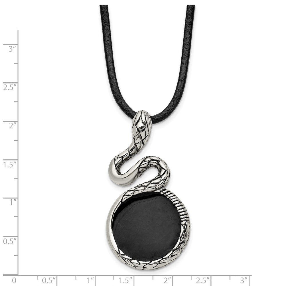 Stainless Steel Antiqued & Polished w/Enamel Snake 20in Leather Necklace
