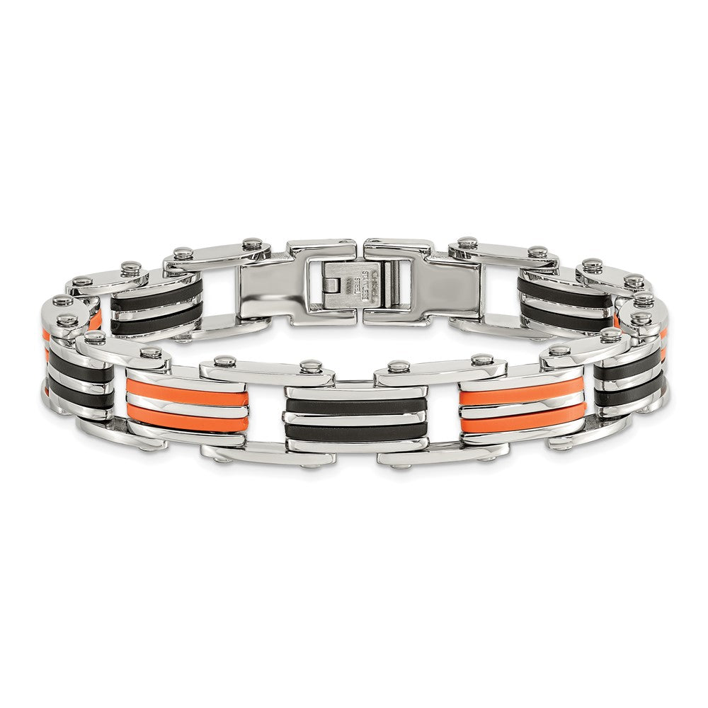Stainless Steel 8.5in Polished with Rubber Black and Orange Bracelet 8.75 inches