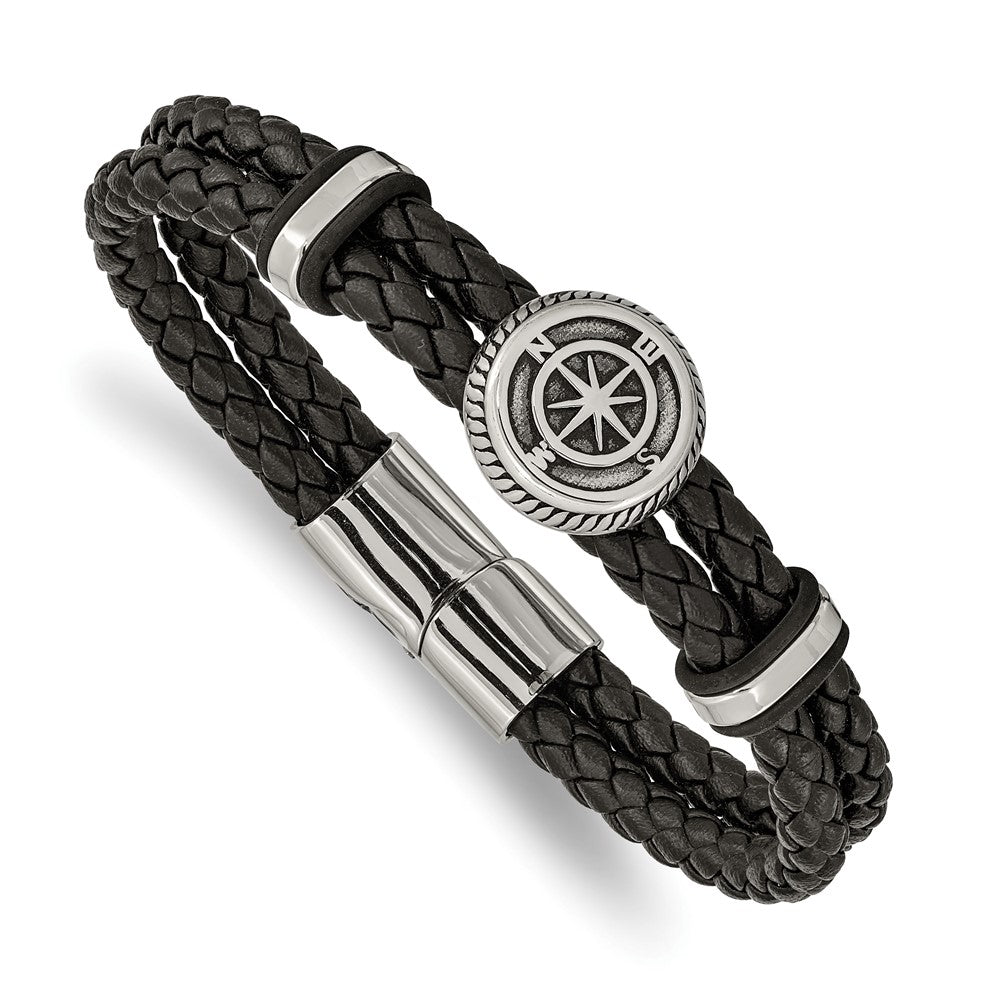 Chisel Stainless Steel Antiqued and Polished Compass Braided Black Leather 8 inch Bracelet 8 inches