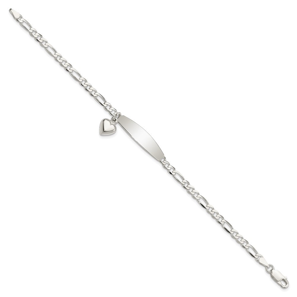 Sterling Silver Polished Figaro ID Heart Dangle Bracelet 7.5 inches