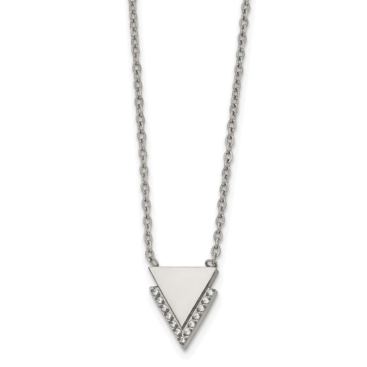 Stainless Steel Polished w/CZ Double Triangles 16.5in Necklace