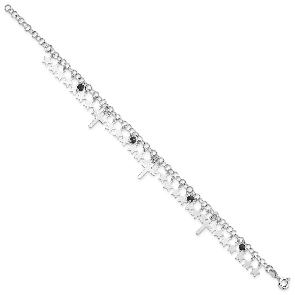 Sterling Silver Rhod-plated Black Crystal Cross and Star w/ 1.25in ext. Bra