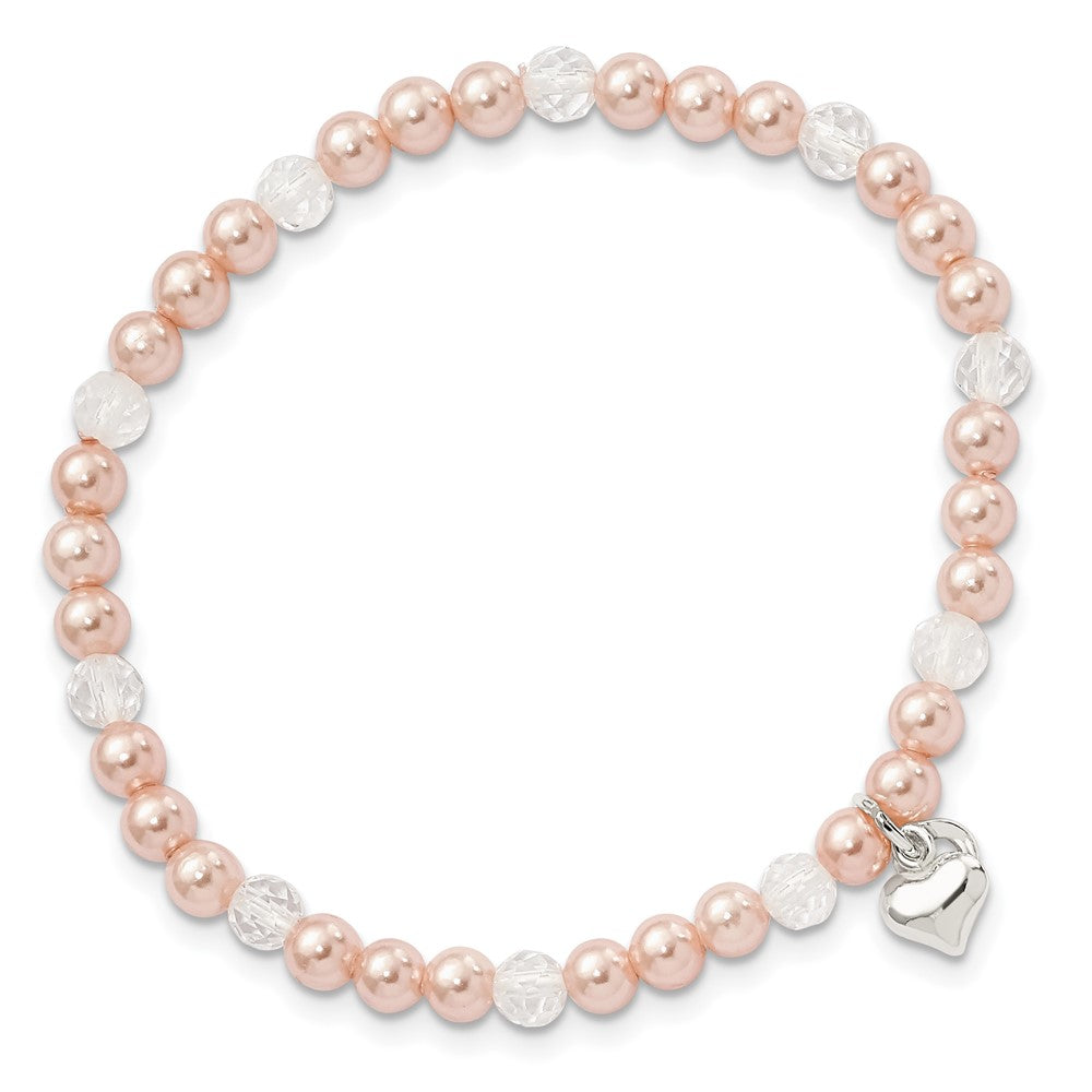 Sterling Silver Pink Shell Bead, Crystal & Heart Children's Stretch Bracele 6 inches