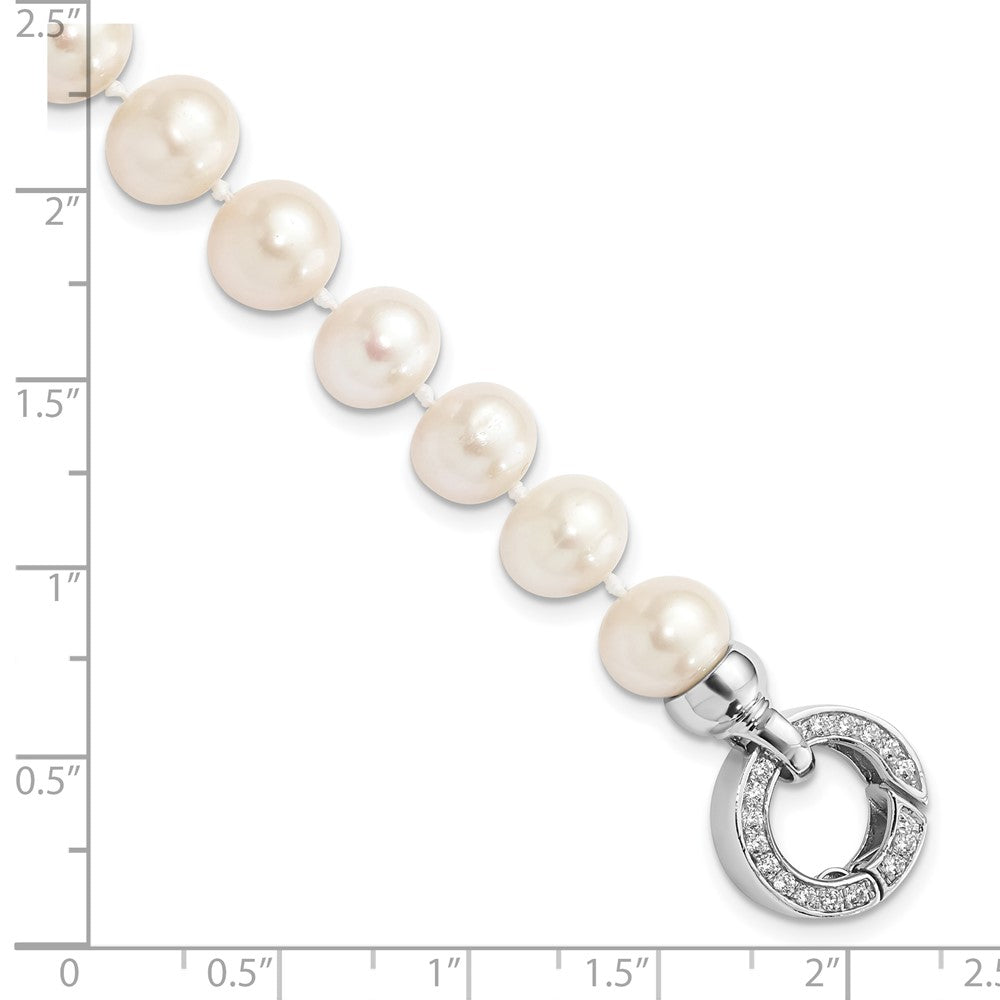 Sterling Silver Rhodium-plated 9-10mm White Near-Round Freshwater Cultured Pearl and CZ Fancy 7.5 inch Bracelet 7.5 inches