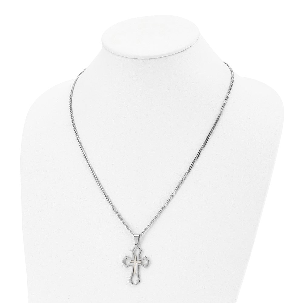 Stainless Steel Brushed & Polished Yellow IP-plated Cross Necklace