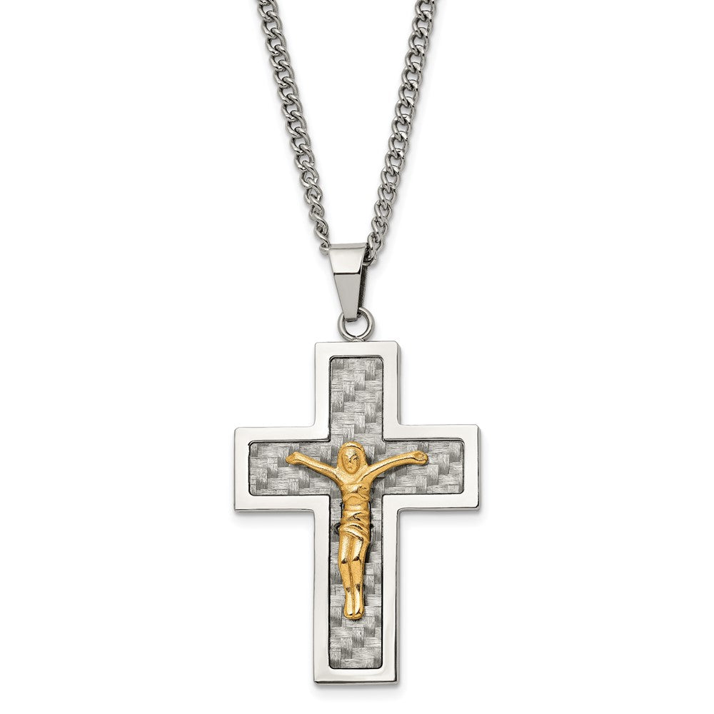 Stainless Steel Polished Yellow IP Grey CarbonFiber Inlay Crucifix Necklace