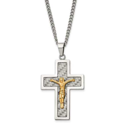 Stainless Steel Polished Yellow IP Grey CarbonFiber Inlay Crucifix Necklace