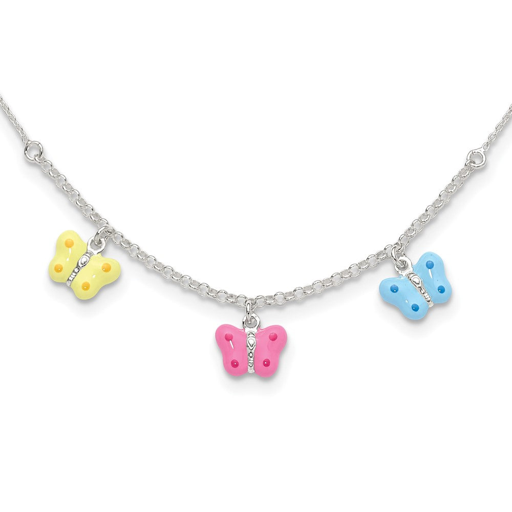 Sterling Silver Polished Yellow, Pink and Blue Enameled Three Butterfly Children's Necklace 14 Inches
