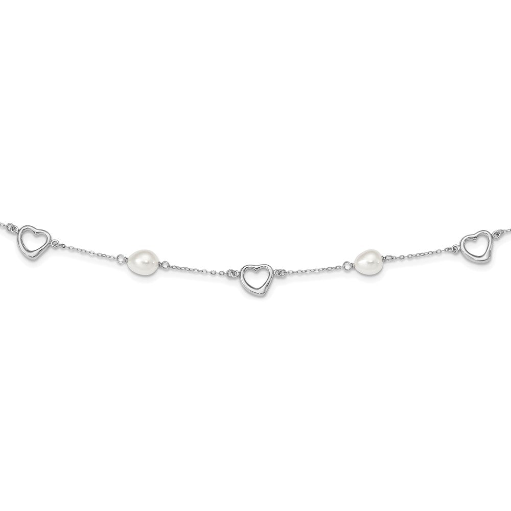 Sterling Silver Rhodium-plated 7-8mm White Teardrop Freshwater Cultured Pearl and Hearts 17 inch with 2 inch Extension Necklace 17 Inches